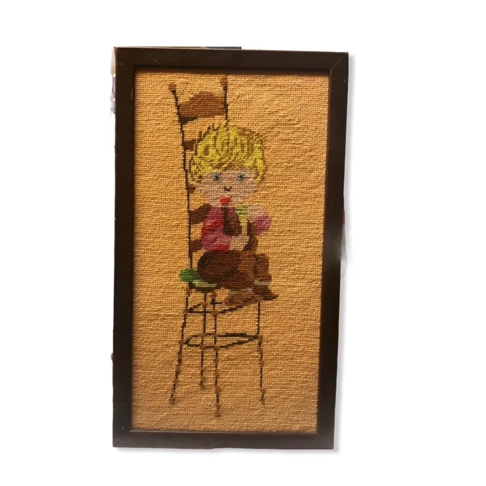 VINTAGE HANDMADE NEEDLEPOINT BLONDE BOY SITTING IN CHAIR